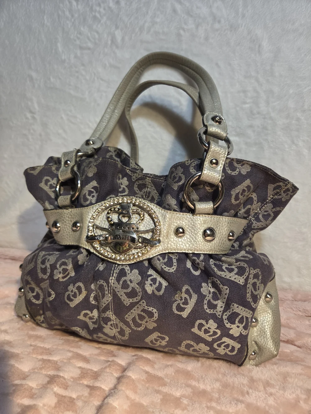 Designer-Inspired Taupe Crown Print Satchel with Gold Trim